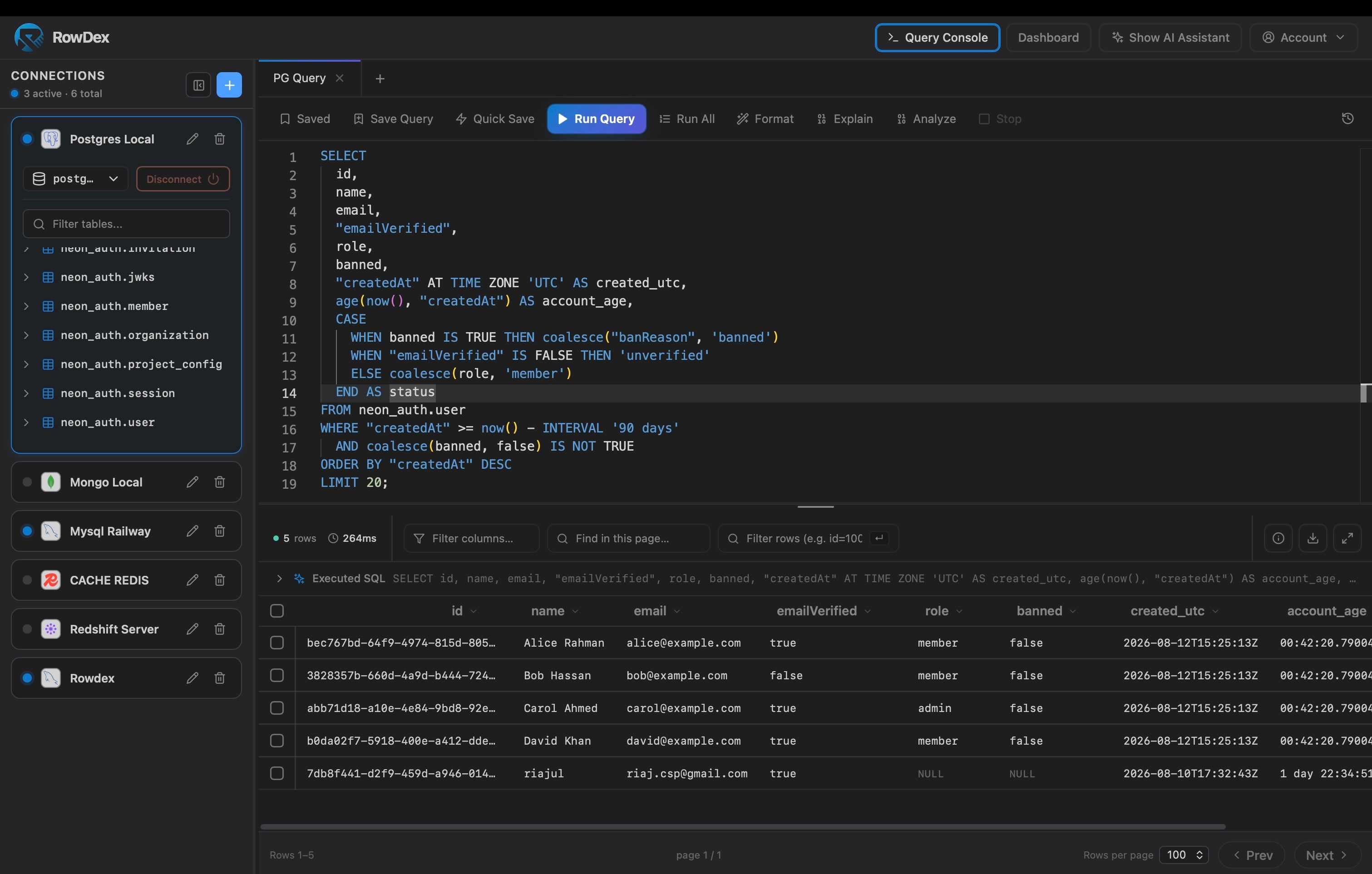 RowDex workspace — SQL editor, Redis browser, and dashboards