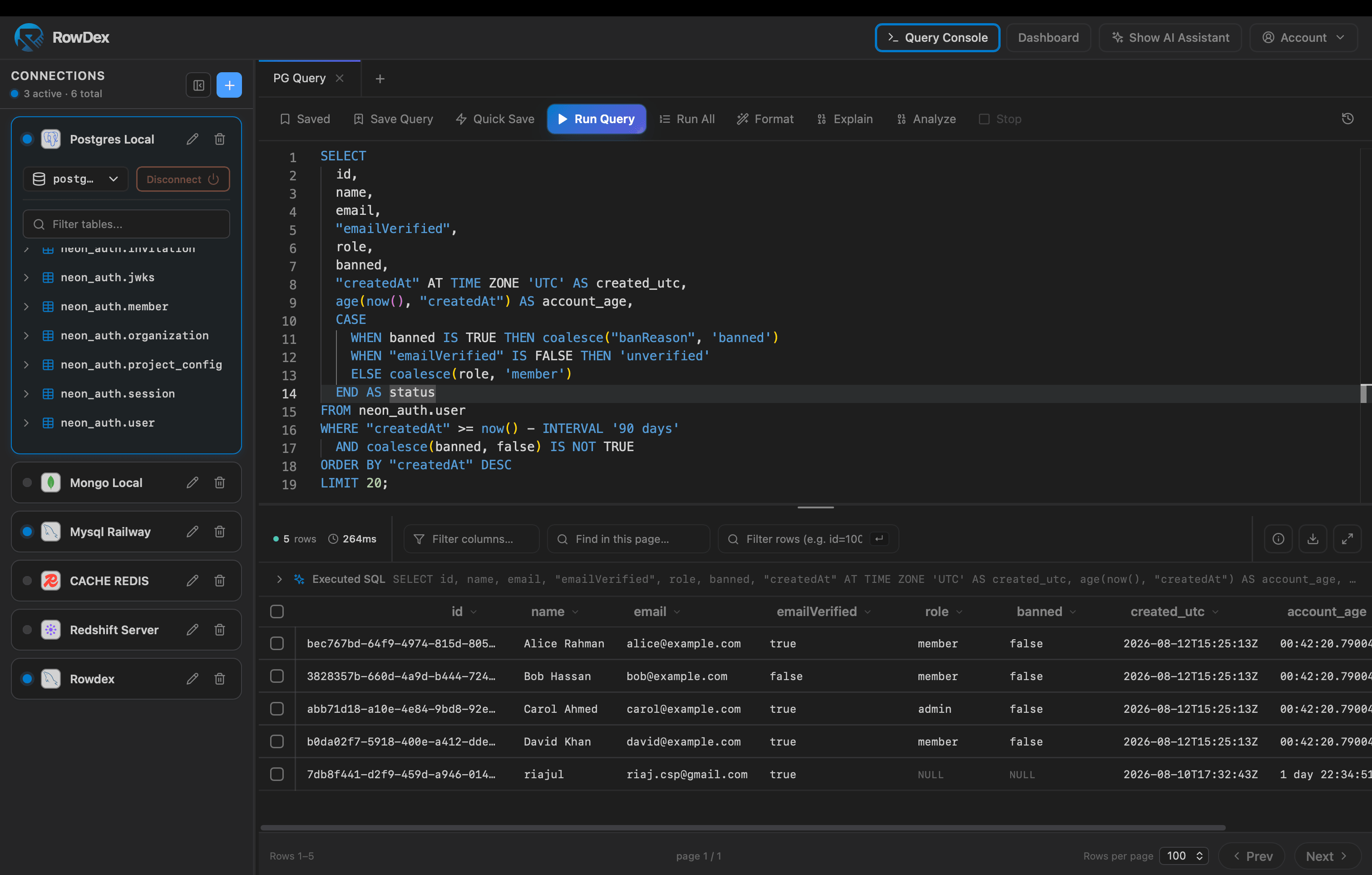 RowDex Query without pgAdmin