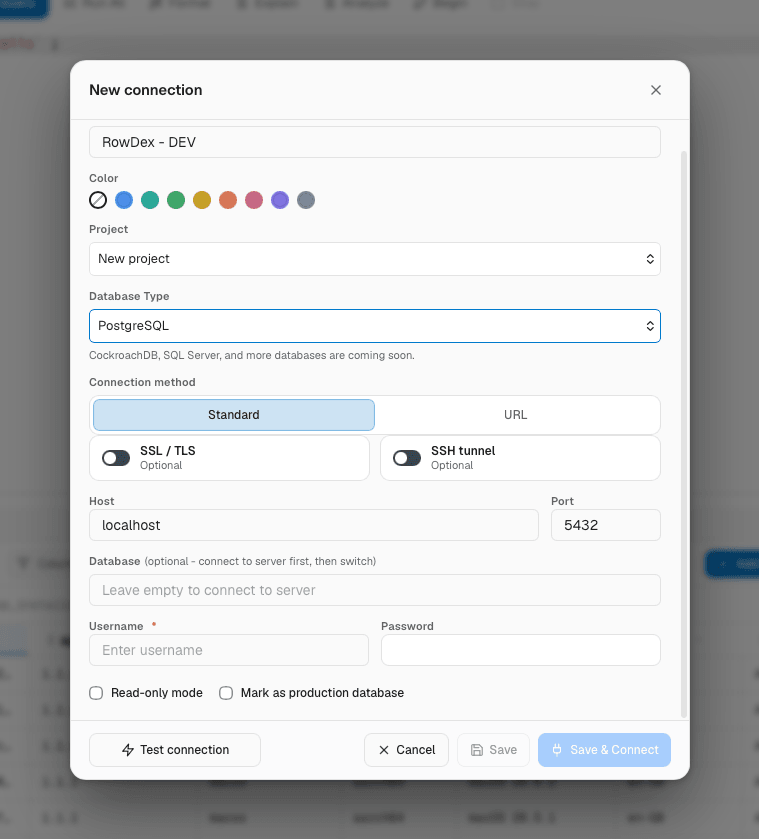 The New connection dialog showing database type, name, host, port, database, username and password fields.