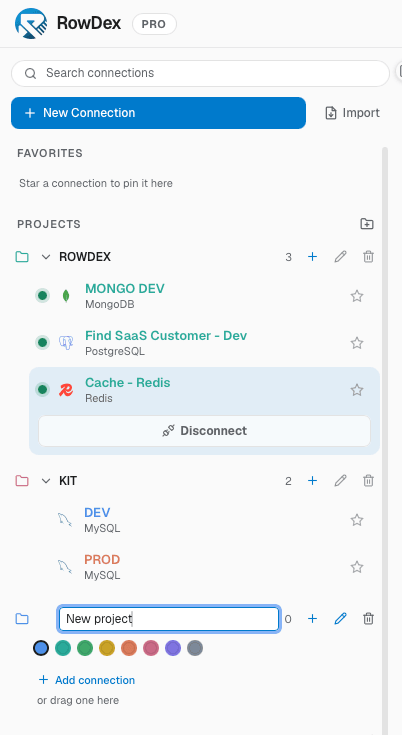 The connections sidebar showing two projects, each with several color-coded connections.