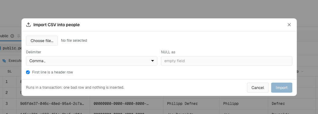 The Import CSV dialog showing a file preview, delimiter options and a column mapping table.