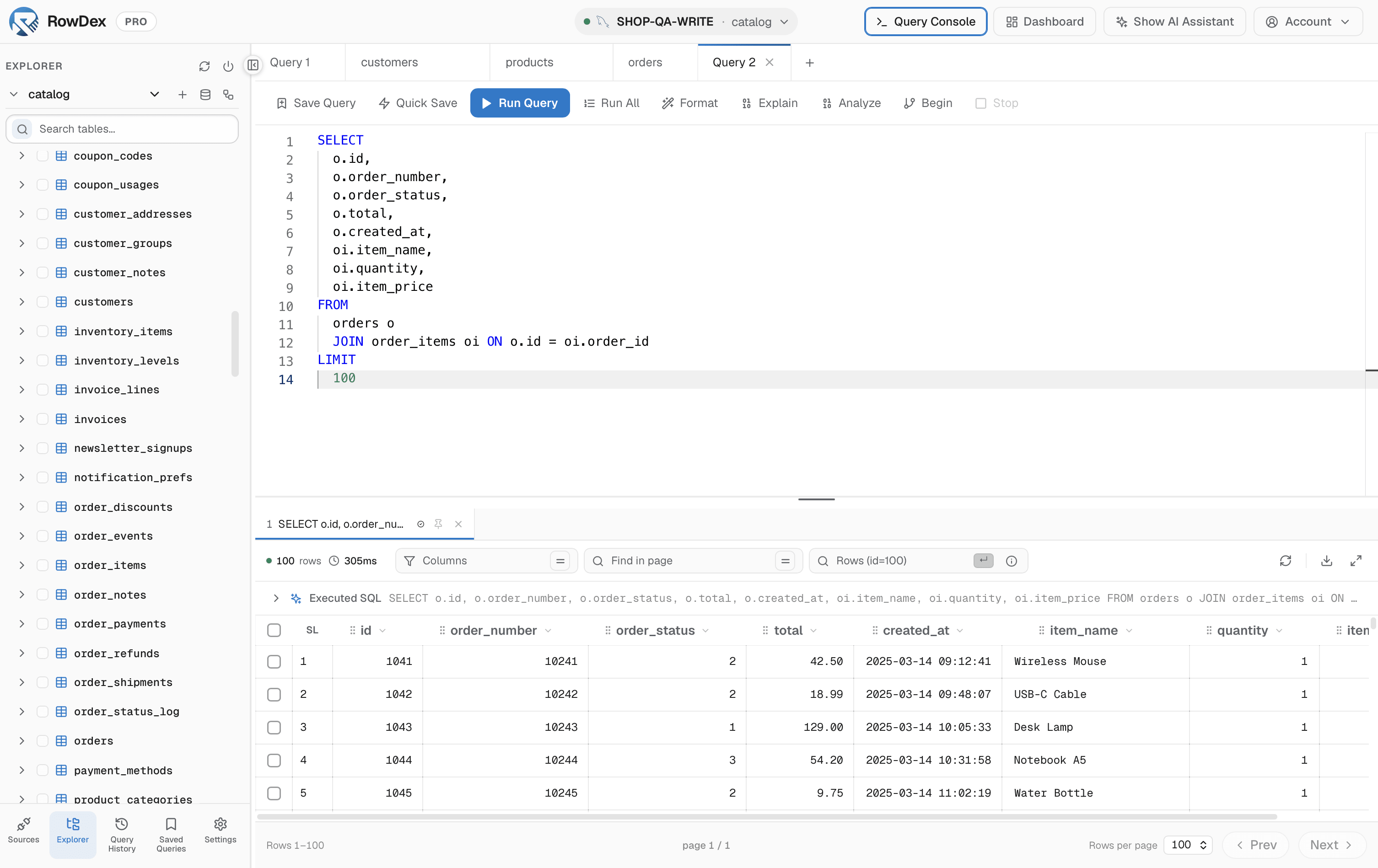 The RowDex workspace: connections sidebar on the left, a SQL editor with a results grid in the middle.