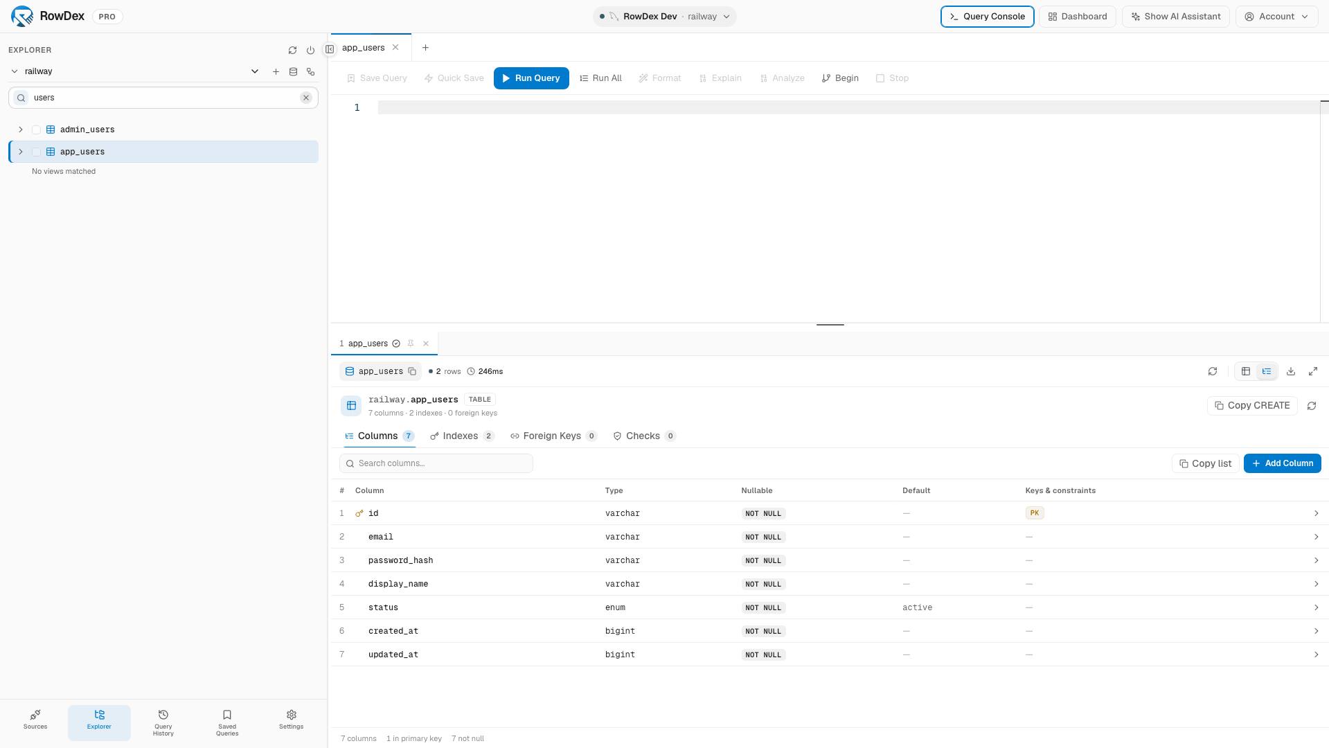 The sidebar with a connection expanded to show schemas and tables.