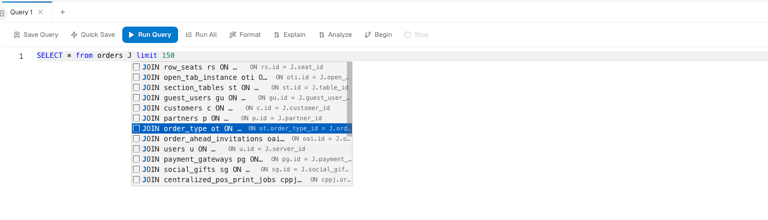 The SQL editor with a multi-line query, autocomplete popup showing columns, and the toolbar above.